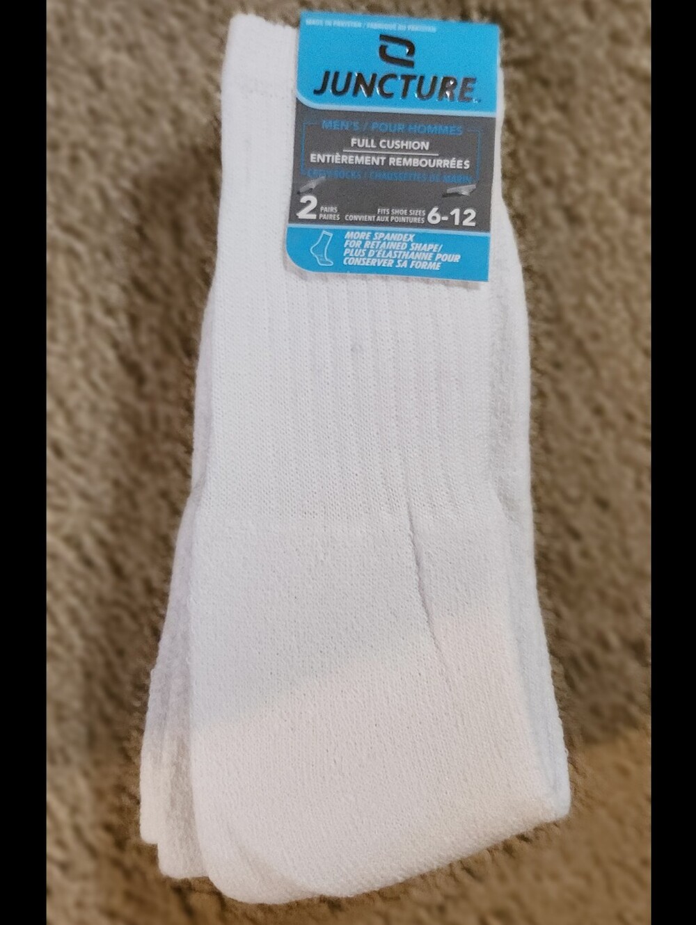[Size 6-12] Juncture Men's Full Cushion White Crew Socks, Pack Of 2
